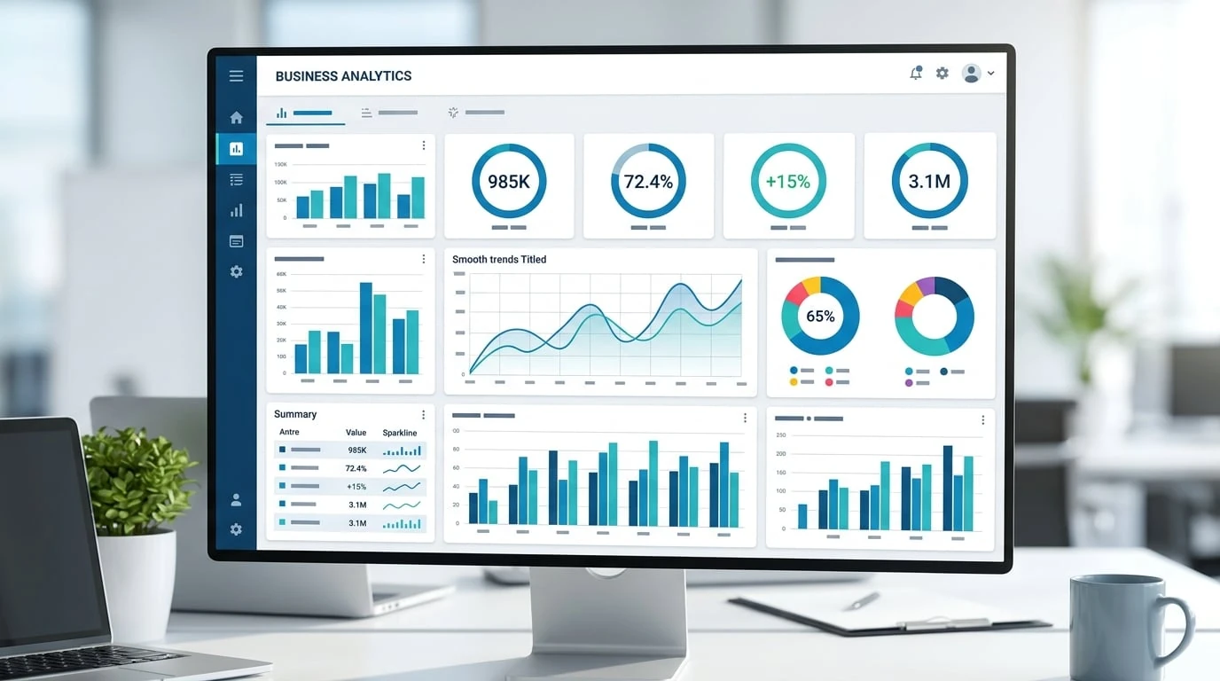 Panel de analítica e informes de un CRM personalizado que muestra la salud del embudo, tasas de conversión, previsión de ingresos y KPI de rendimiento de ventas