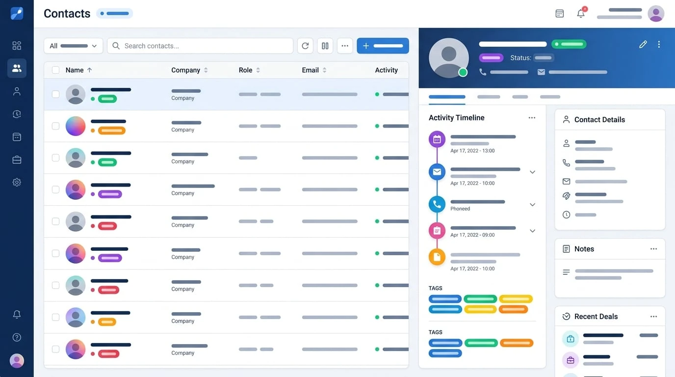 Panel de gestión de contactos y prospectos de CRM personalizado que muestra una base de datos de clientes centralizada, puntuación de prospectos, línea de tiempo de actividad y perfiles de cliente de 360 grados
