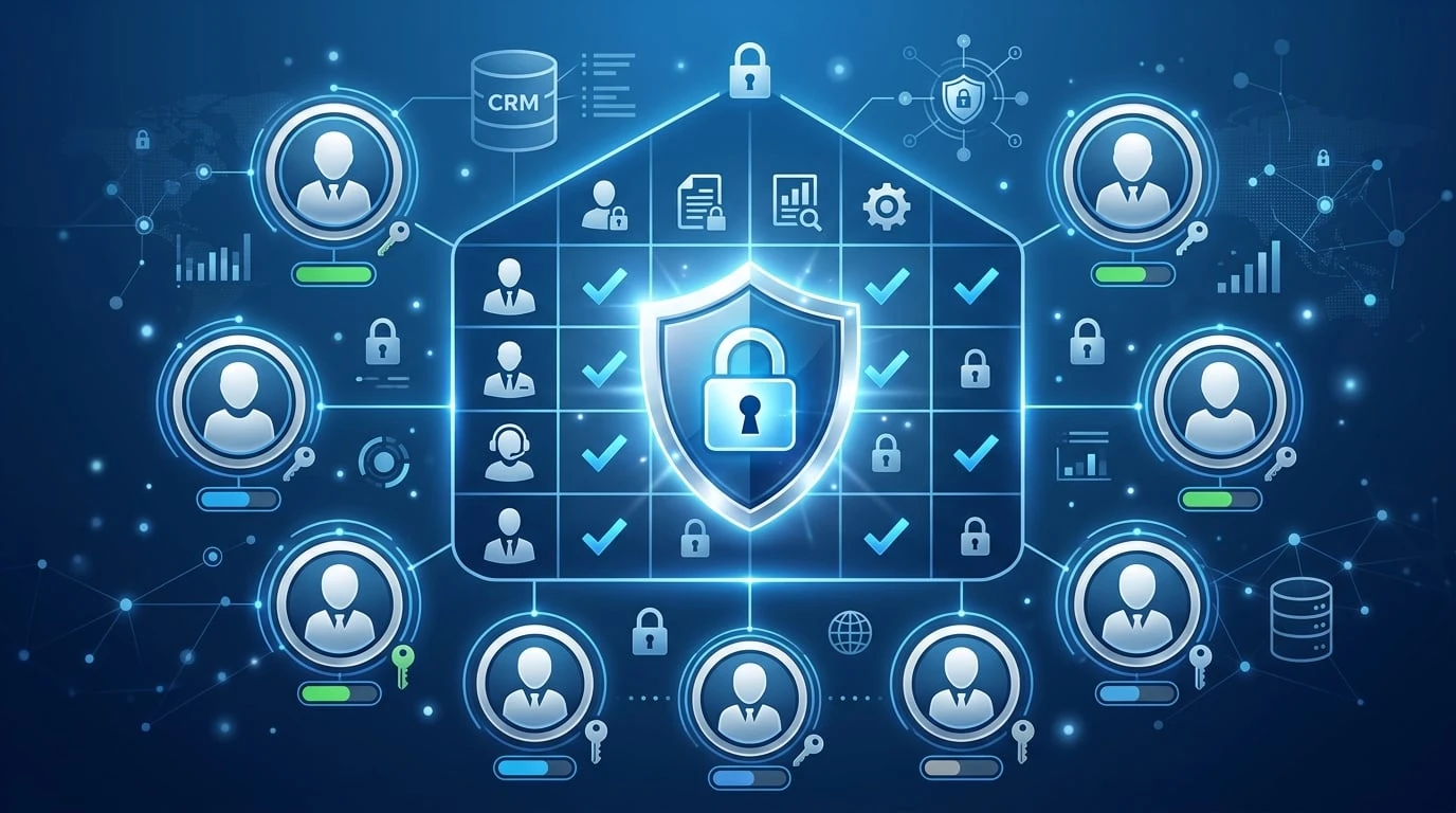 Configuración de control de acceso por roles y seguridad de un CRM personalizado que muestra permisos de usuario, jerarquías de equipo, visibilidad a nivel de campo y registro de auditoría