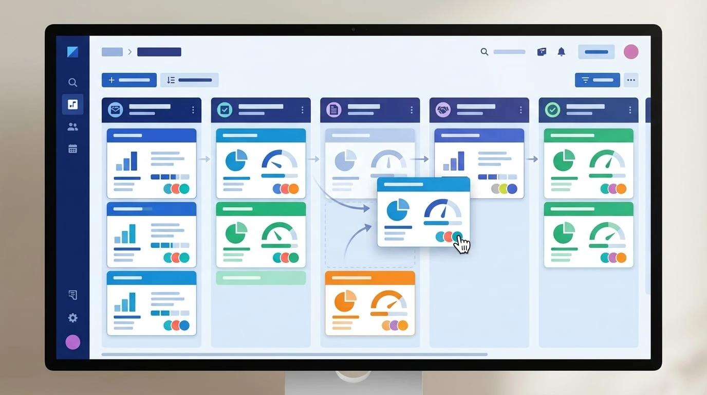 Tablero Kanban del embudo de ventas visual de un CRM personalizado que muestra etapas de oportunidades, tarjetas con arrastrar y soltar, valores de oportunidades y previsión de ingresos