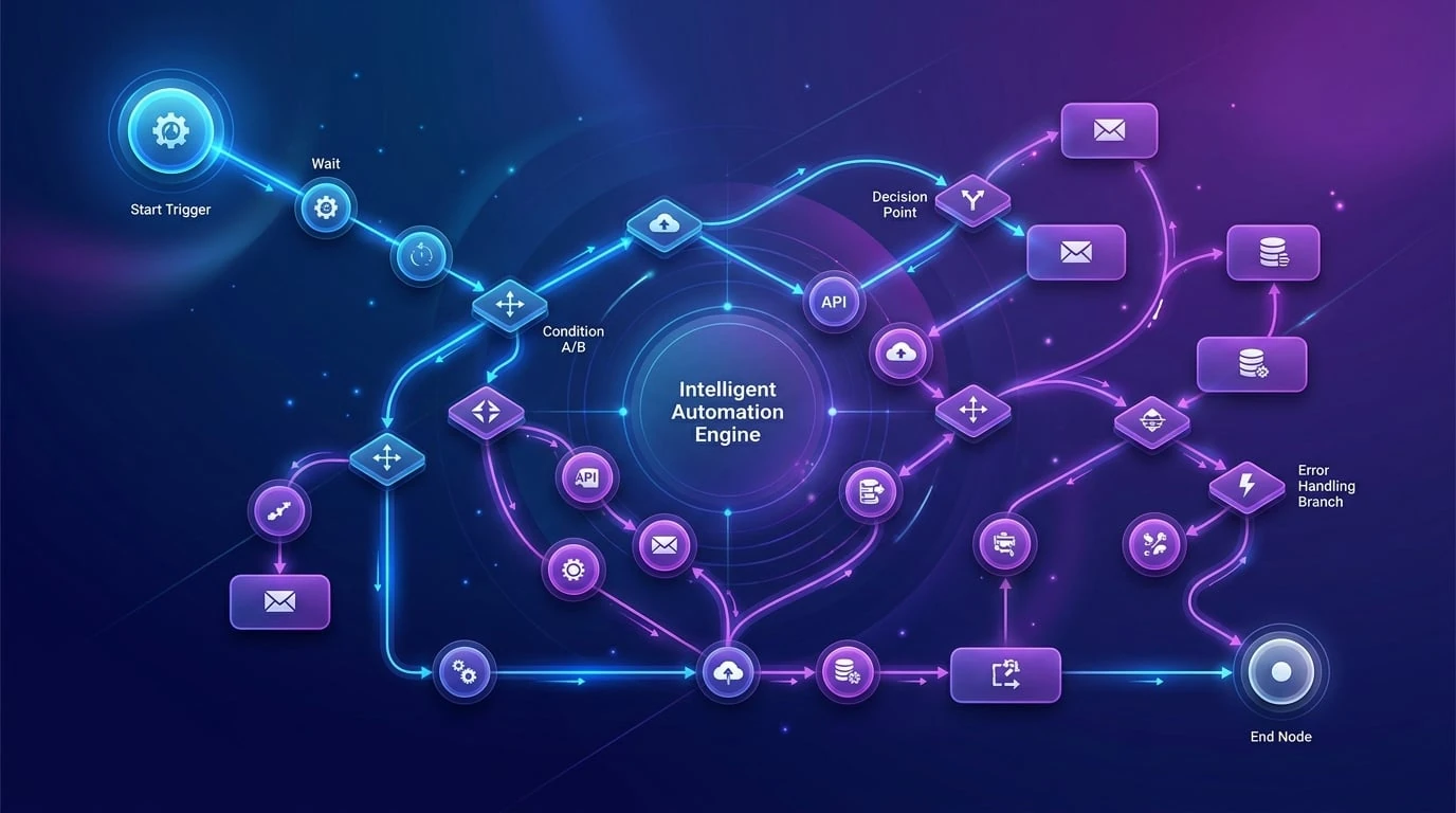 Motor de automatización de flujos de trabajo de un CRM personalizado que muestra reglas visuales si-entonces, enrutamiento automático de prospectos, secuencias de seguimiento y creación de tareas basada en disparadores