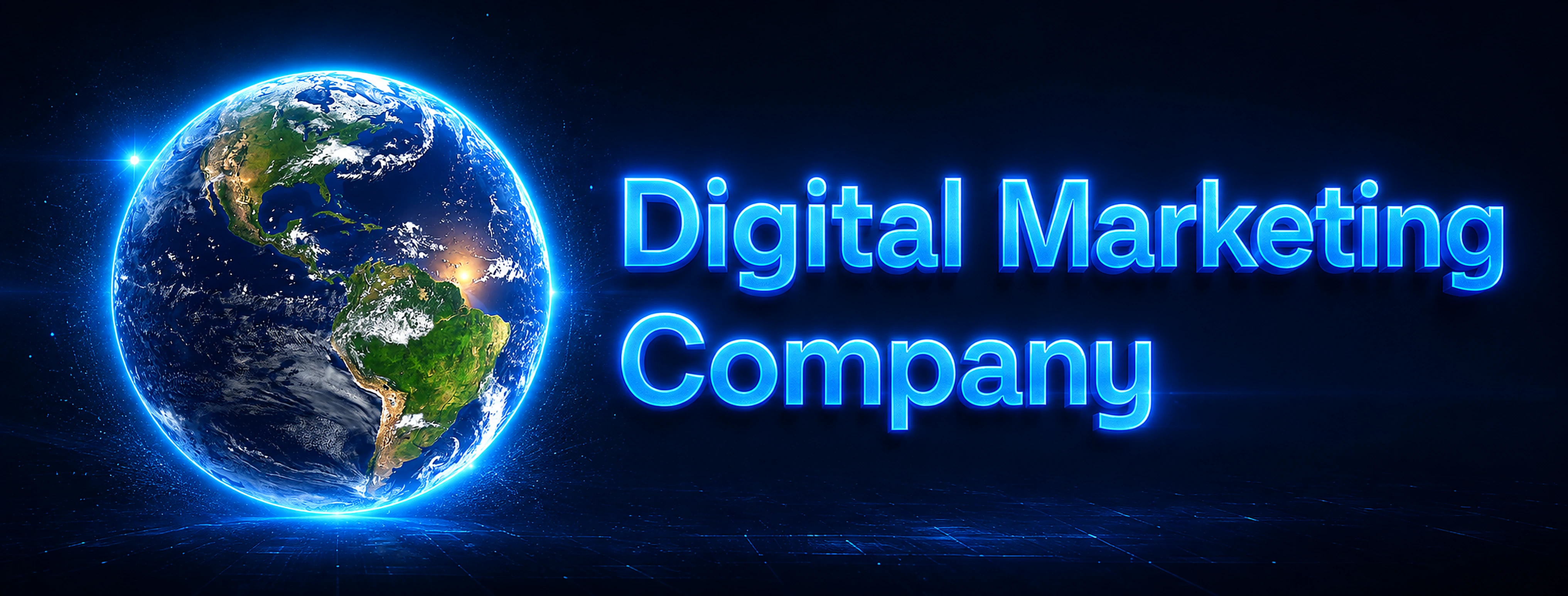 Digital Marketing Company primary logo — luminous Earth globe with electric blue three-dimensional wordmark on deep space navy
