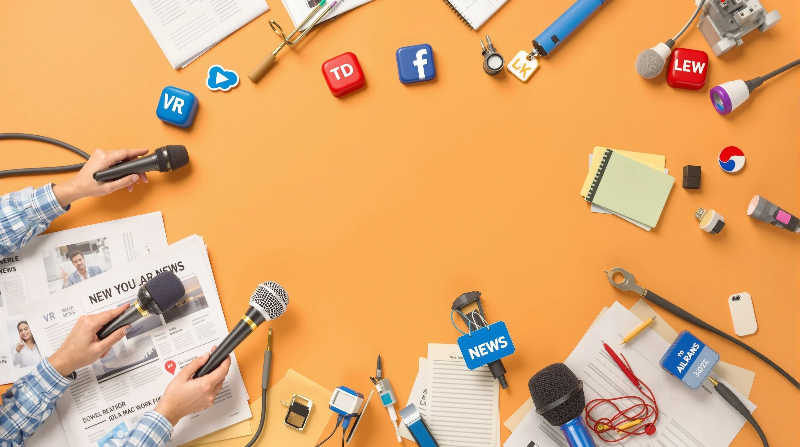 Digital PR and media coverage concept showing press microphones, news articles, and journalist tools for earning editorial backlinks