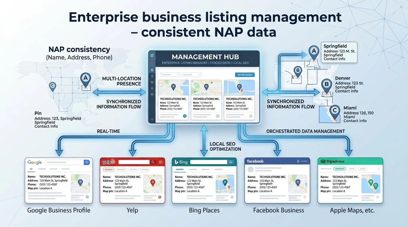 Enterprise business listing management keeping business name, address and phone consistent across online directories and maps