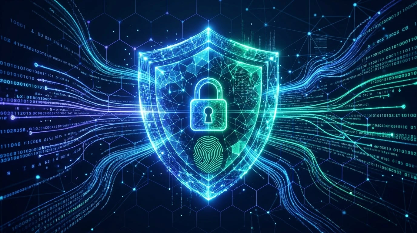 Enterprise cyber security optimized web application — glowing digital shield protecting encrypted data streams