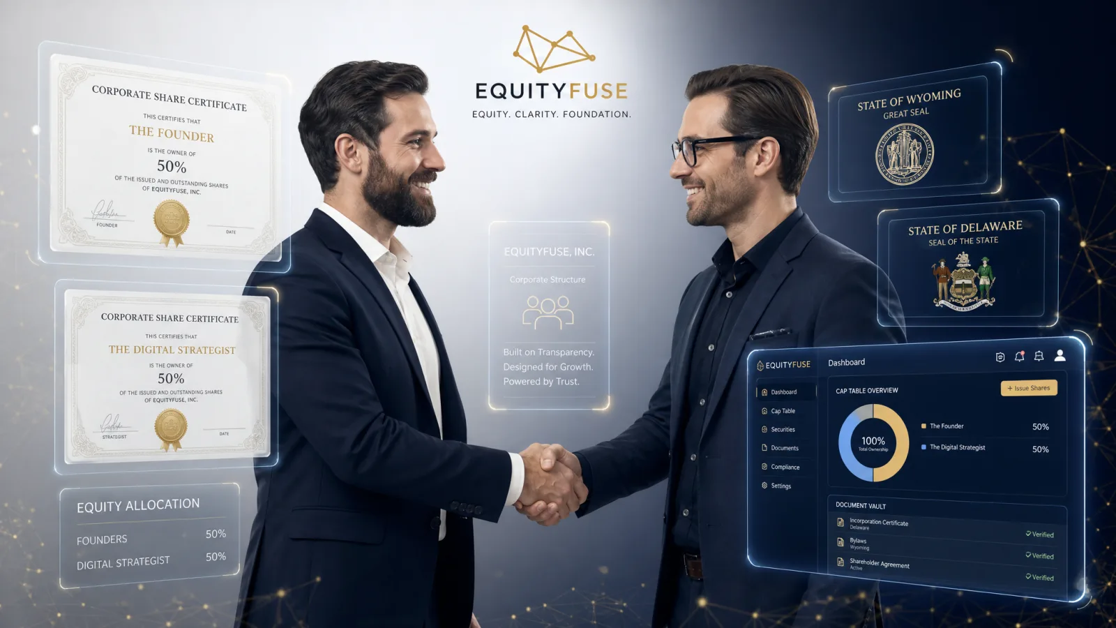 Apretón de manos de participación accionaria entre un fundador y un estratega digital con certificados de acciones holográficos y sellos de los estados de Wyoming y Delaware