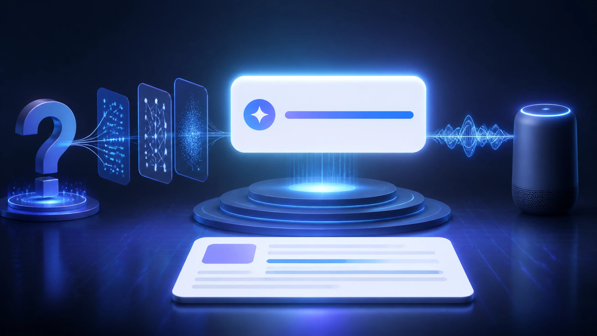 Answer Engine Optimization concept showing a voice assistant and AI answer box delivering a single direct answer from a featured snippet