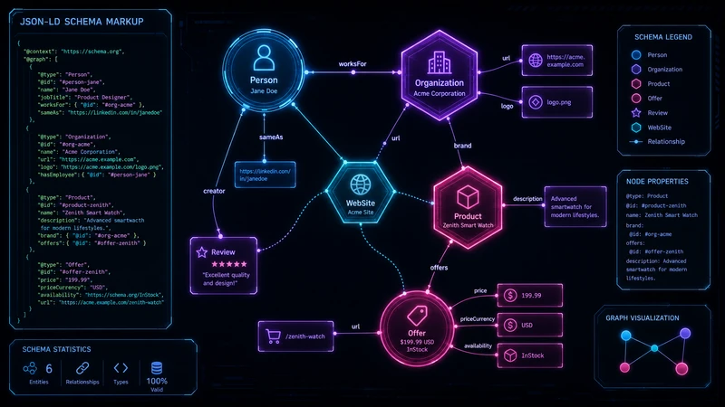 Structured data and Schema.org markup examples showing JSON-LD implementation for AI-optimized content with entity relationships