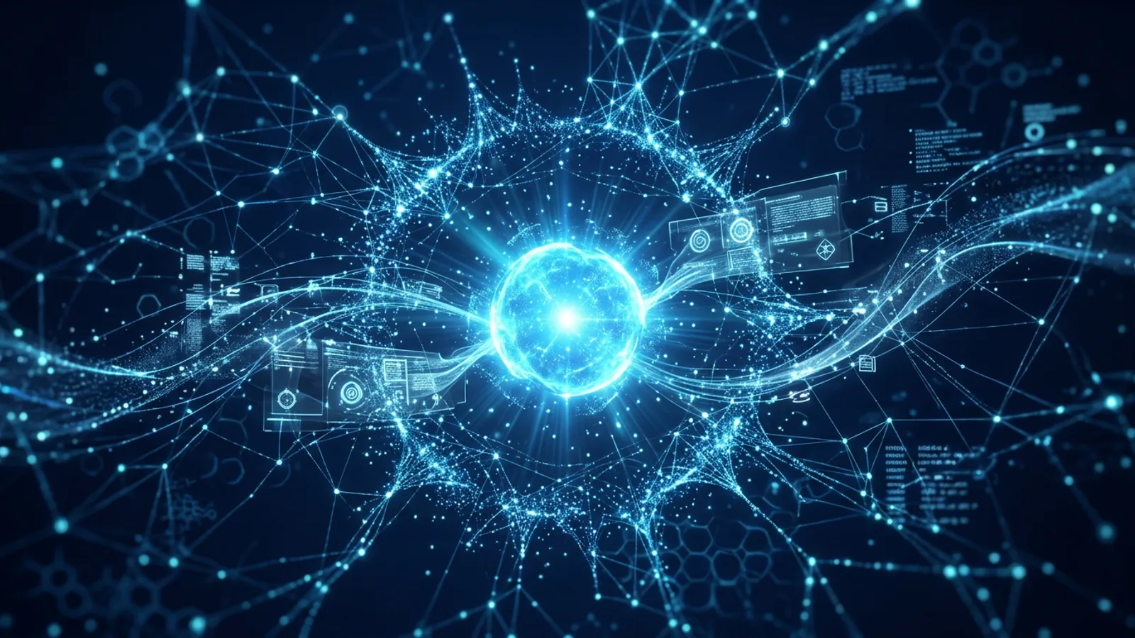 Banner futurista de optimización de motores de respuesta (AEO) — orbe de respuesta de IA con nodos de conocimiento