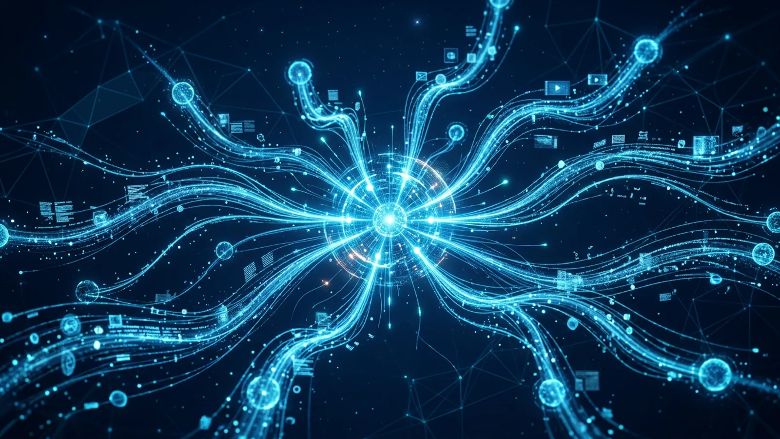 Futuristic content marketing banner — streams of articles and media radiating from a glowing content hub