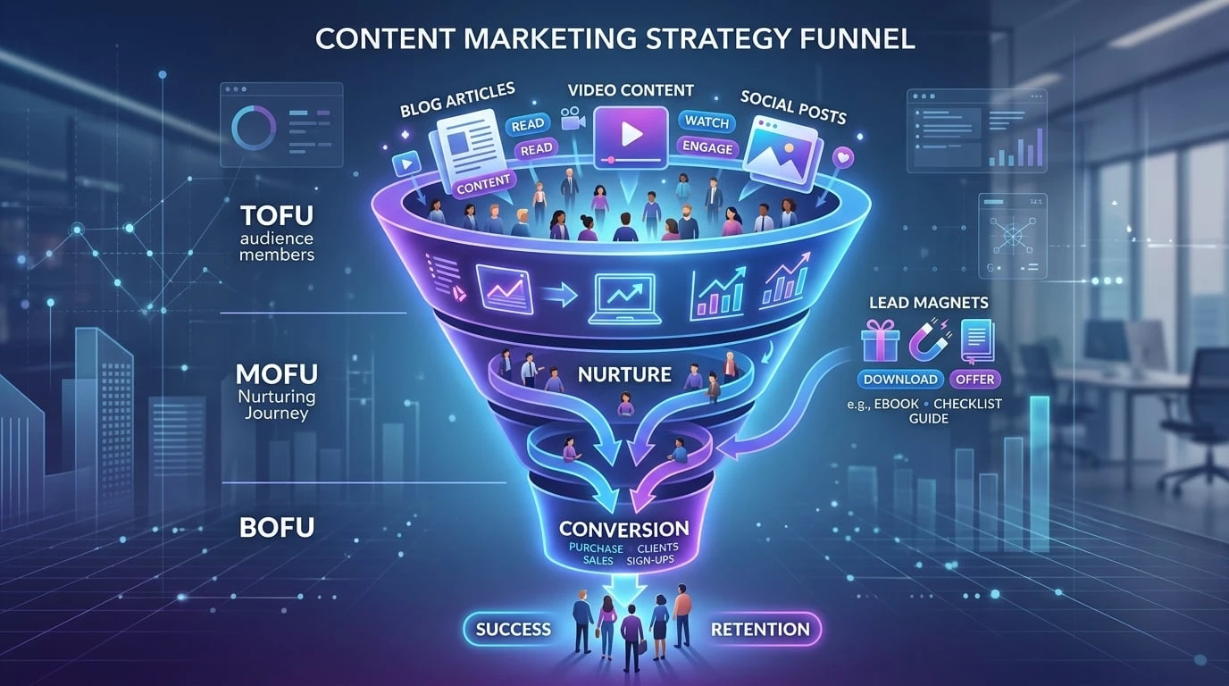 Content marketing strategy funnel showing blog articles, video and lead magnets attracting and nurturing an audience toward conversion