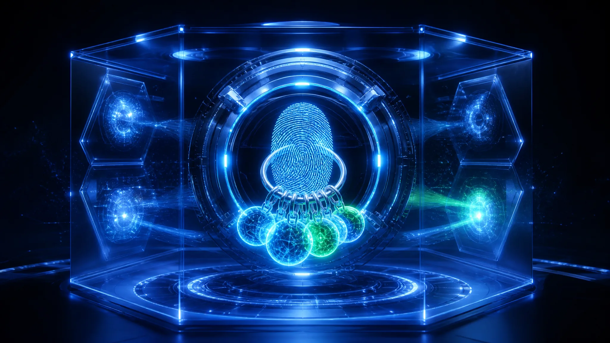 Seguridad de cookies, sesiones y autenticación mostrada como un portal biométrico multifactor con tokens de sesión seguros y una bóveda de cookies protegida
