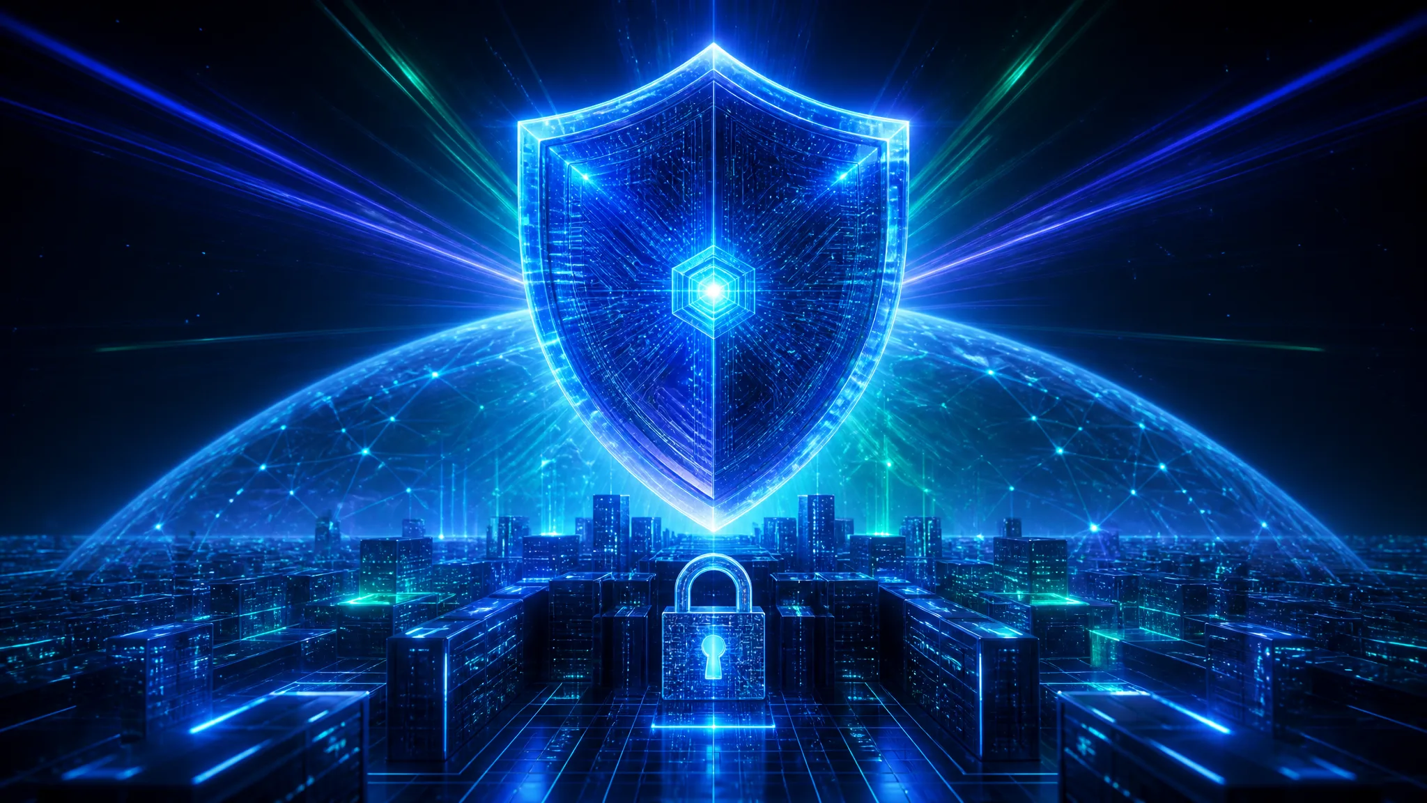 Ciberseguridad para aplicaciones web — un escudo de seguridad holográfico protegiendo una ciudad de aplicaciones web futurista con rejilla de escaneo y cúpula de cifrado