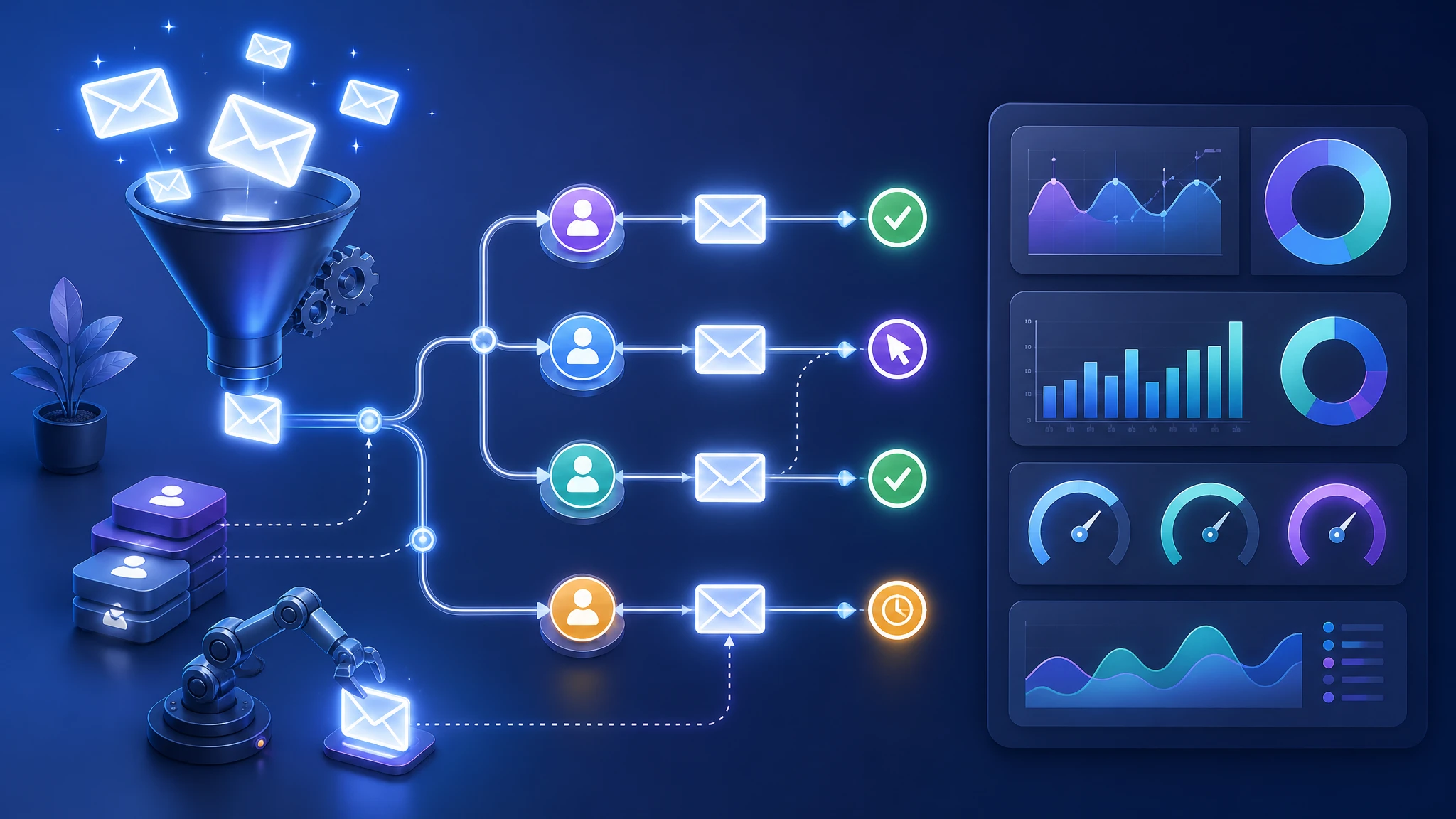 Email marketing automation concept showing an automated drip campaign funnel with segmentation and open and click rate metrics