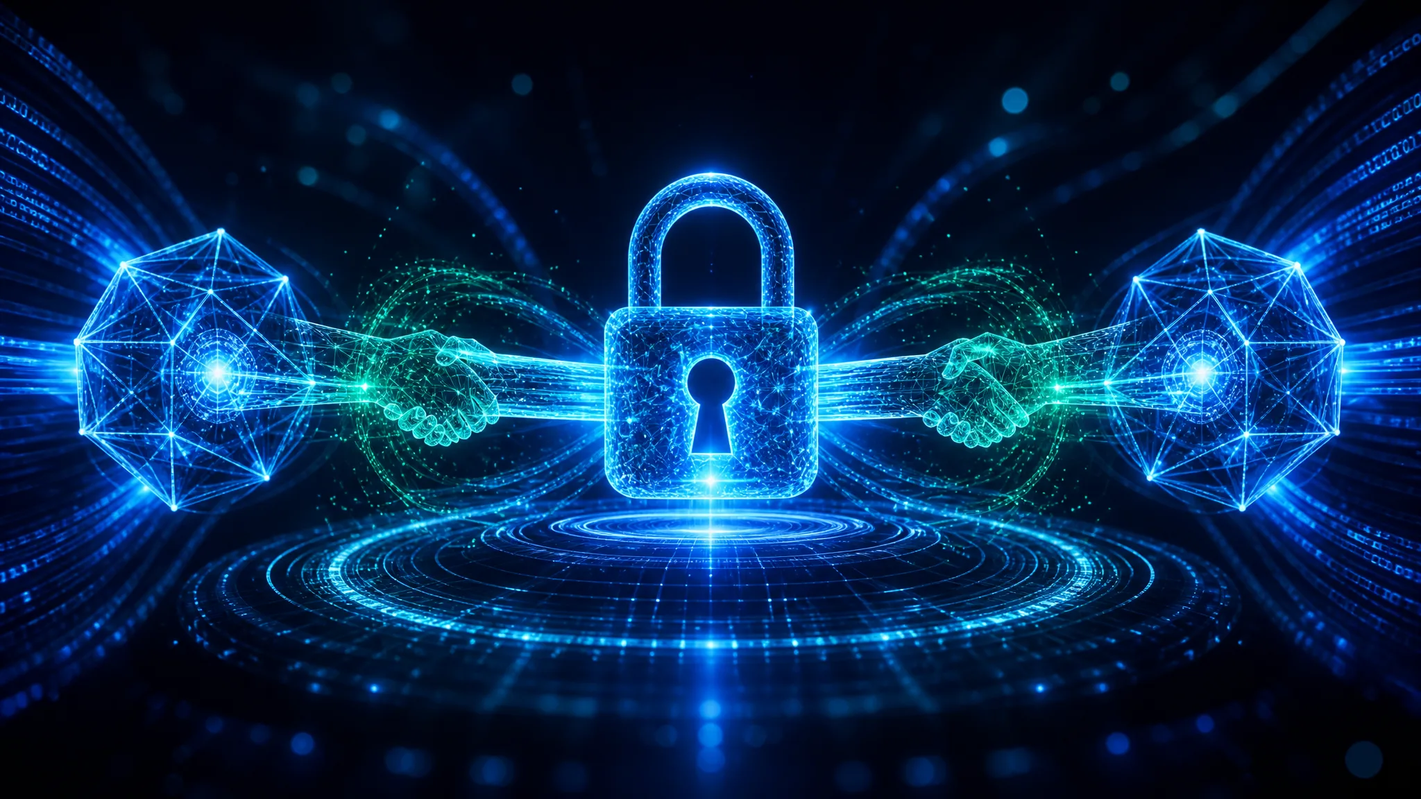 Visualización de cifrado HTTPS y TLS con un candado luminoso, flujos de datos cifrados y un intercambio de claves seguro entre dos nodos