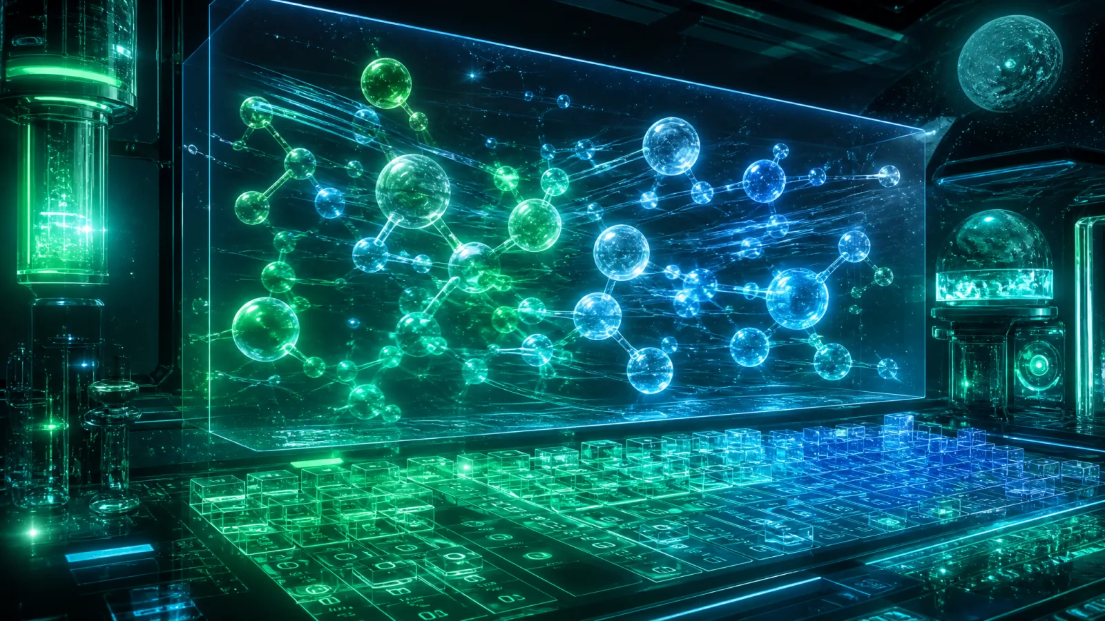 Futuristic laboratory hologram of a molecular gas simulation over a periodic-style data grid showing an ITQE implementation in chemistry