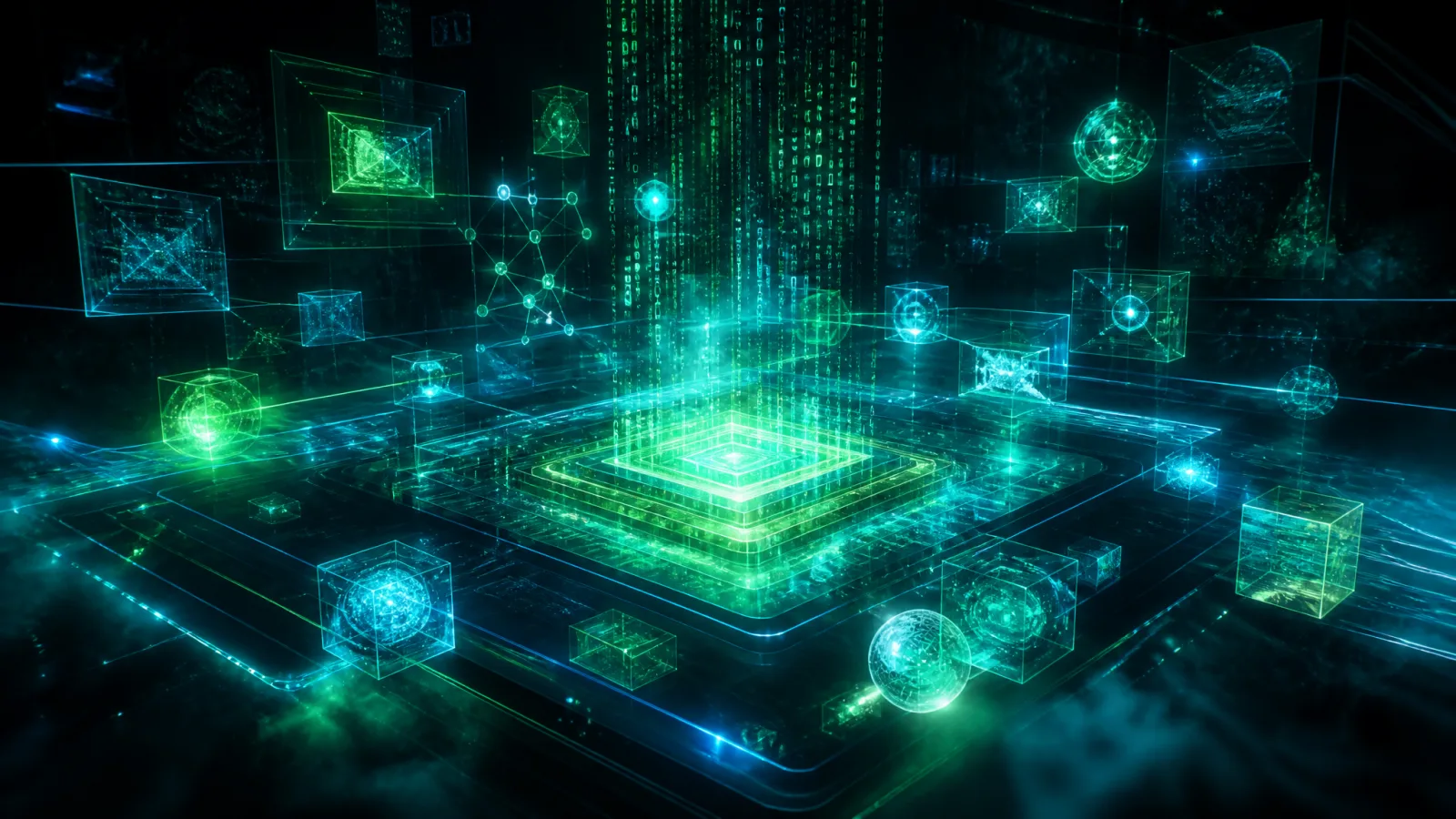 Holographic stream of binary and information-entropy nodes over a luminous data grid showing an ITQE implementation in computer science