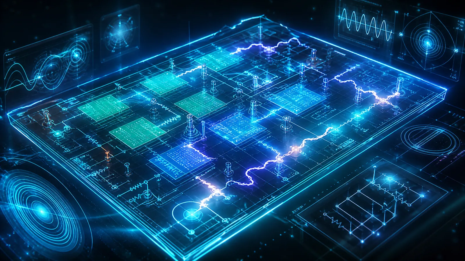 Holographic circuit-board grid with glowing voltage and current cells depicting an ITQE implementation of Ohms law in electrical engineering
