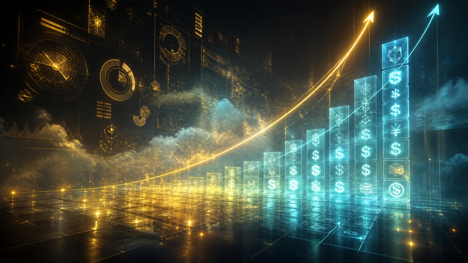 Futuristic holographic financial data grid with rising exponential growth curves illustrating an ITQE implementation for compound interest in finance