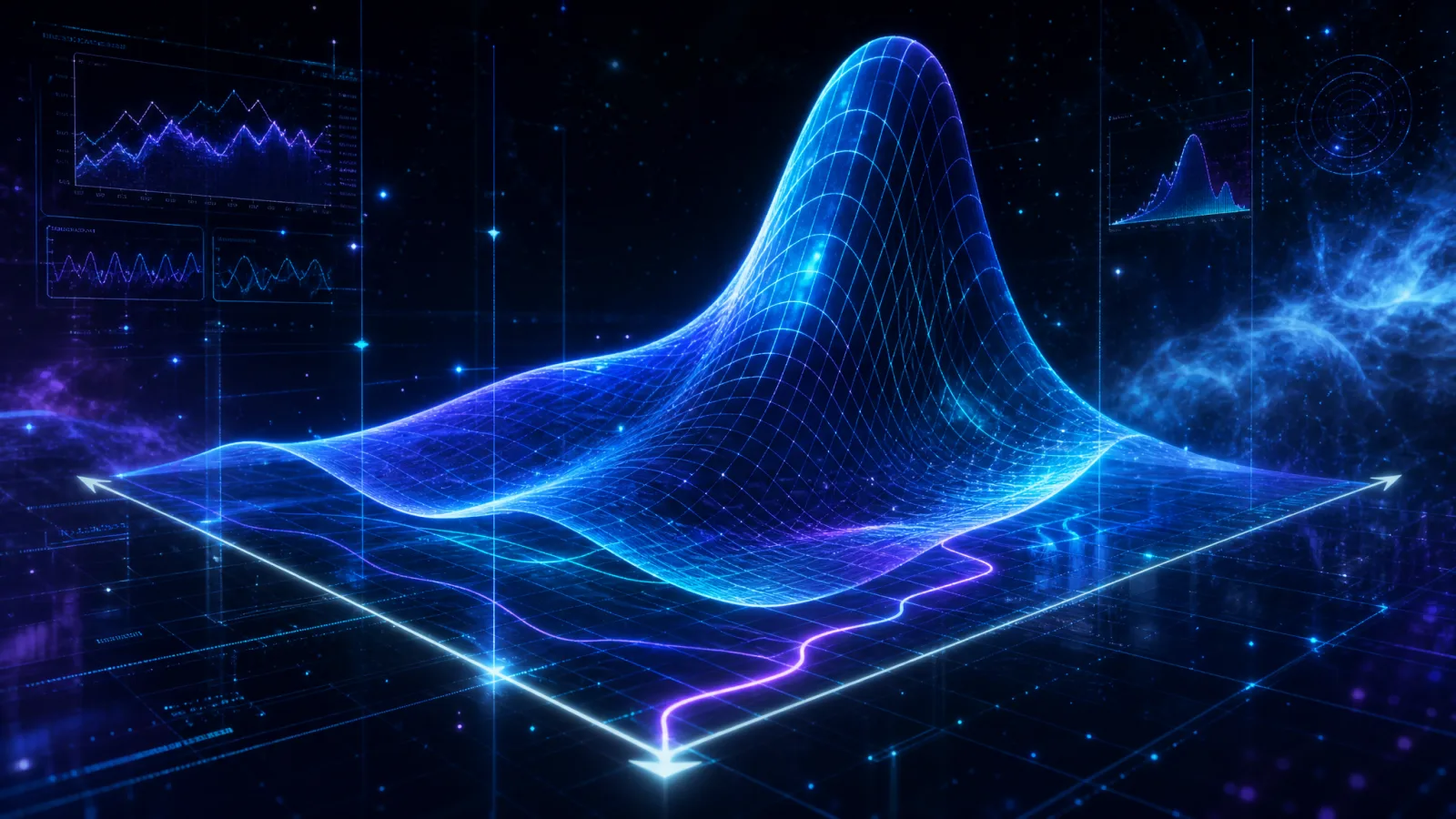 Holographic options-pricing volatility surface wireframe glowing above a quantitative grid depicting an ITQE implementation in financial engineering
