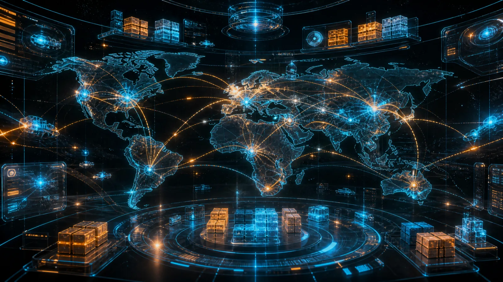 Holographic global supply-chain network with glowing route lines and inventory cells depicting an ITQE implementation in logistics