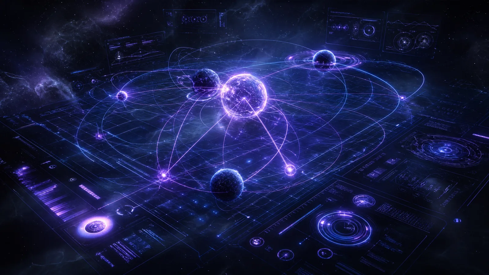 Holographic mechanics simulation with orbiting masses and force vectors over an equation grid depicting an ITQE implementation in physics