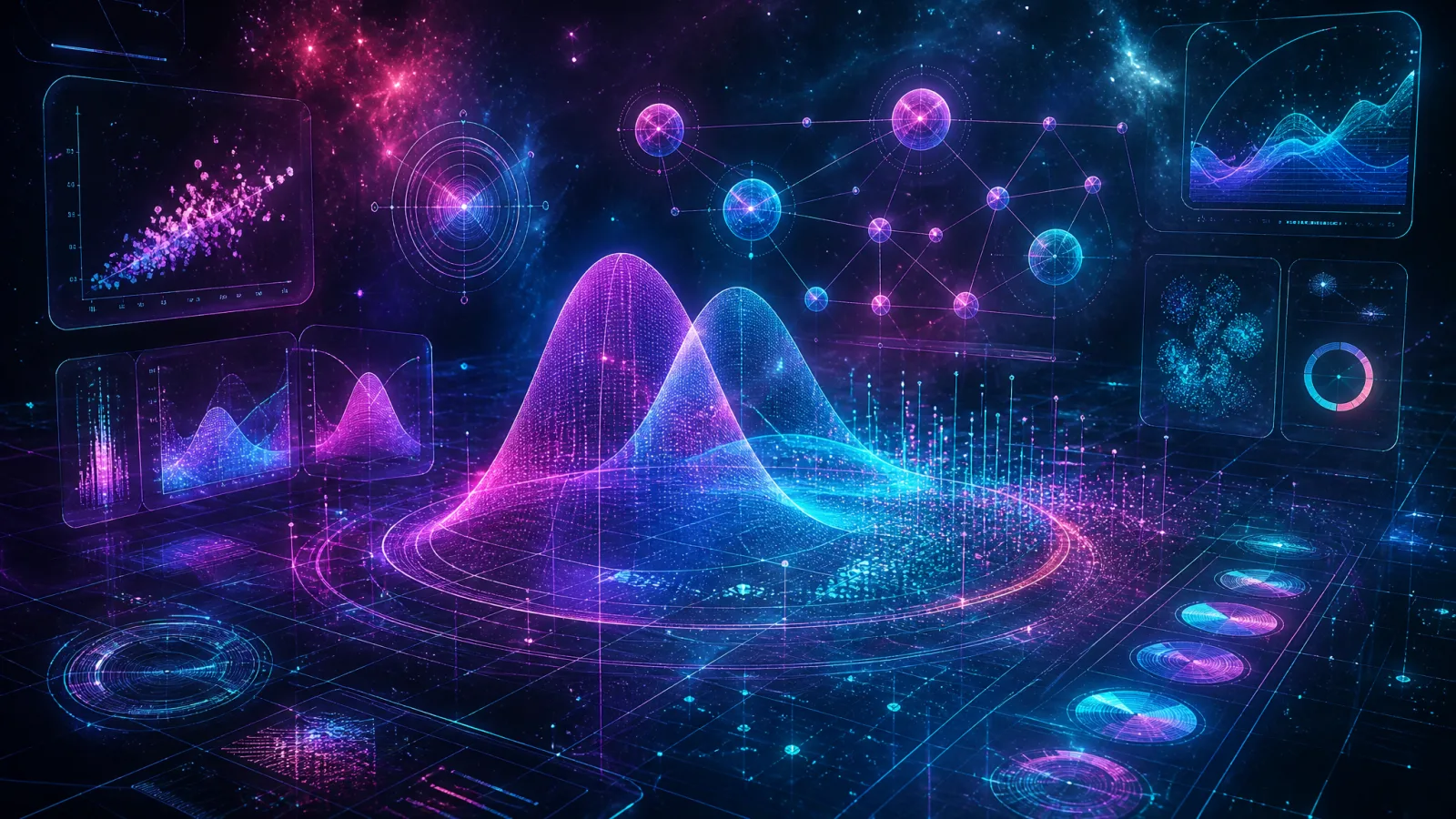 Holographic probability distribution and bell curves over a glowing analytics grid representing an ITQE implementation of Bayes theorem in data science