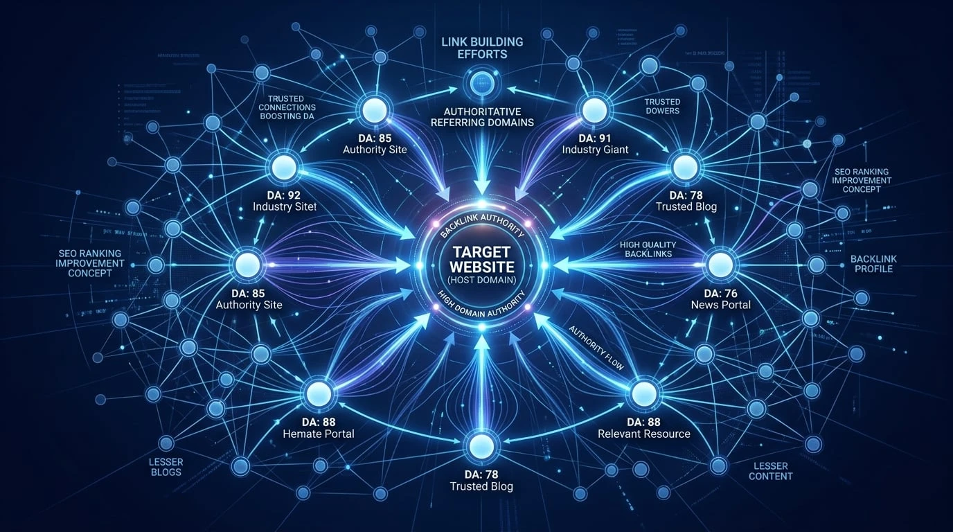 Link building strategy showing authoritative referring domains connected by links boosting website authority and search rankings