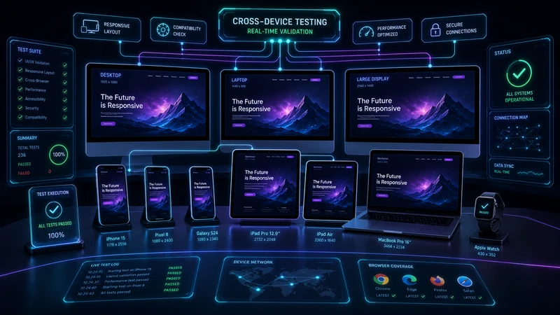 Configuración de pruebas cross-device mostrando validación de diseño responsive en múltiples dispositivos