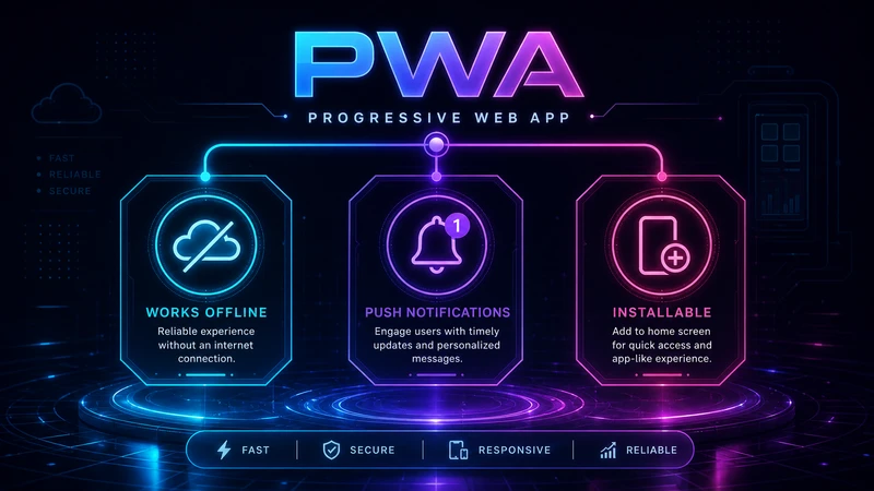 Diagrama de características de Progressive Web App mostrando capacidad offline, notificaciones push e instalación en pantalla de inicio