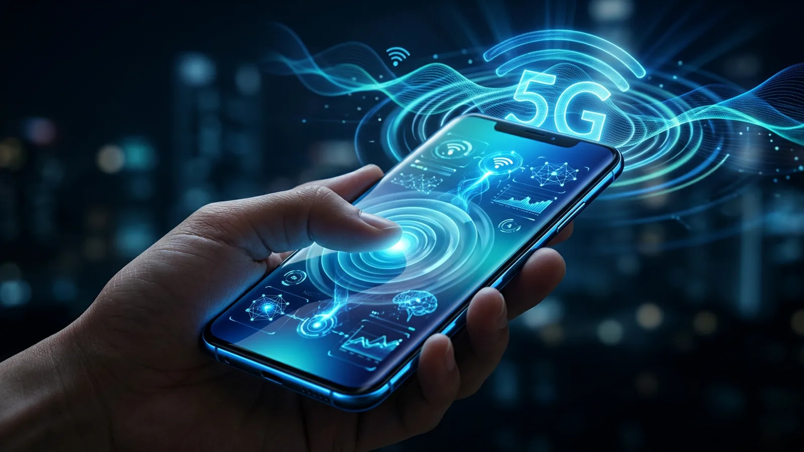 Banner futurista de optimización móvil — smartphone brillante con interfaz responsiva y ondas de red móvil rápida