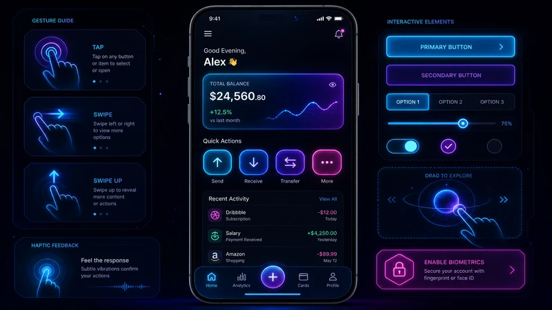 Diseño de interfaz móvil táctil mostrando dimensionamiento adecuado de objetivos de toque y patrones de UI accesible