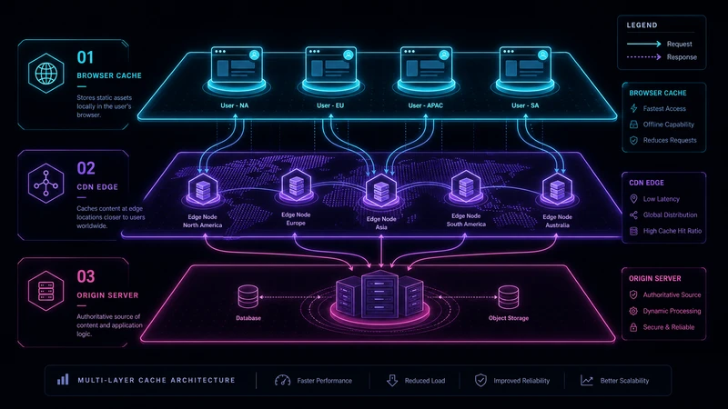 Multi-layer caching architecture diagram showing browser cache, CDN edge cache, and origin server cache layers