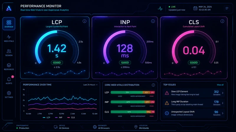 Core Web Vitals metrics dashboard showing LCP, INP, and CLS thresholds for optimal website performance