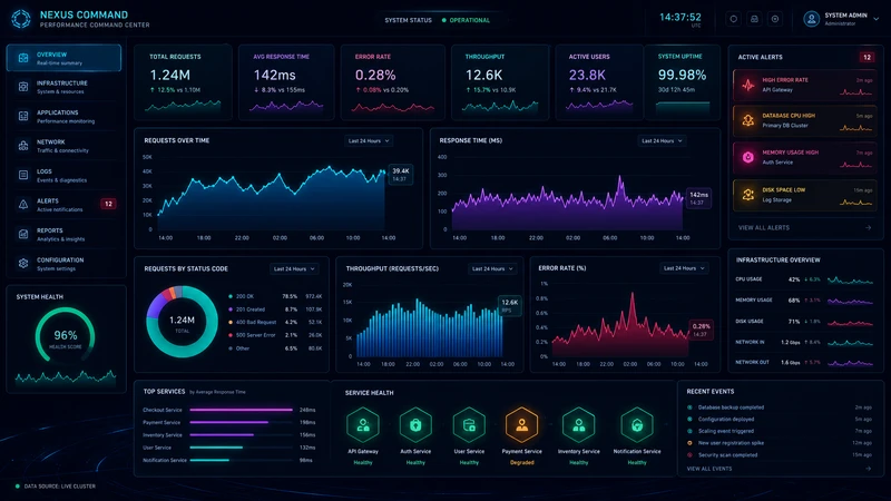 Performance monitoring dashboard showing real-user metrics, Core Web Vitals trends, and performance budget tracking