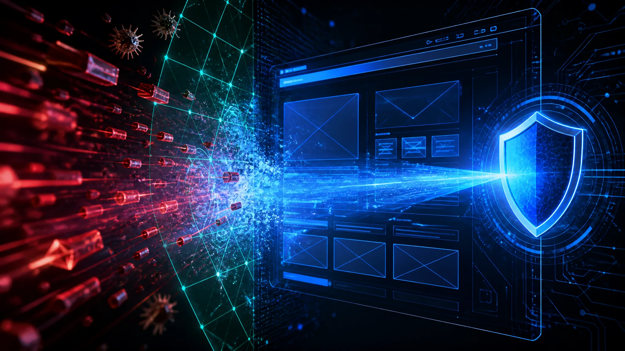 Defensa de la superficie de ataque de inyección y XSS mostrando partículas de código malicioso interceptadas y neutralizadas por un haz de escaneo defensivo sobre la estructura de una página web