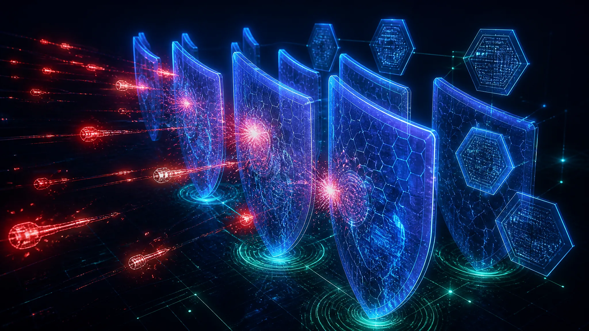 Encabezados de respuesta de seguridad y Content Security Policy mostrados como muros de escudo defensivos por capas que desvían partículas de código malicioso