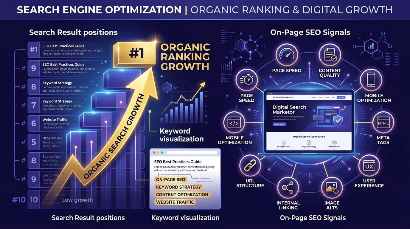 Search engine optimization concept showing organic ranking growth, keyword targeting and on-page SEO signals climbing search results
