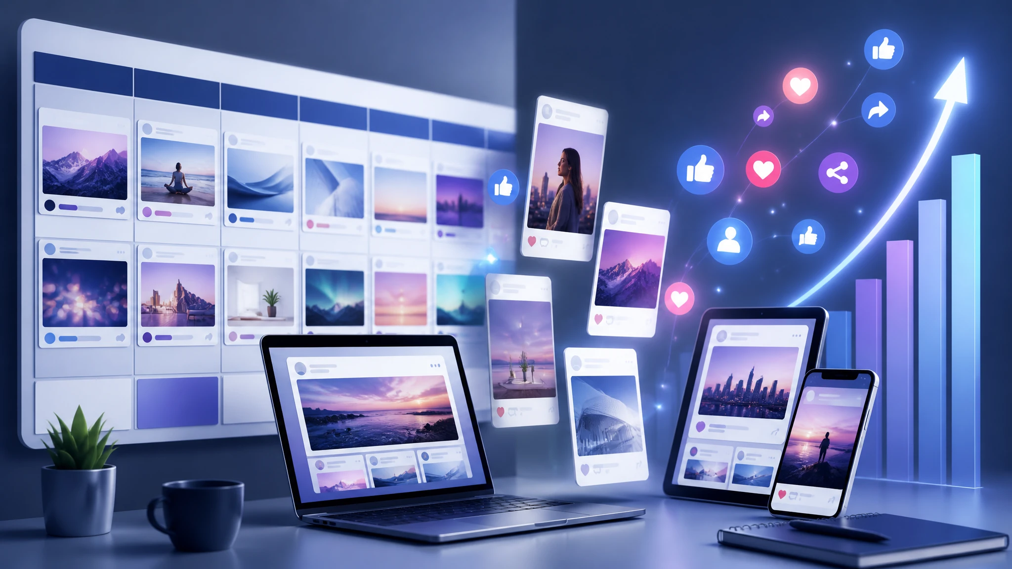 Social media marketing strategy concept showing a multi-platform content calendar and rising engagement metrics like likes, shares and follows