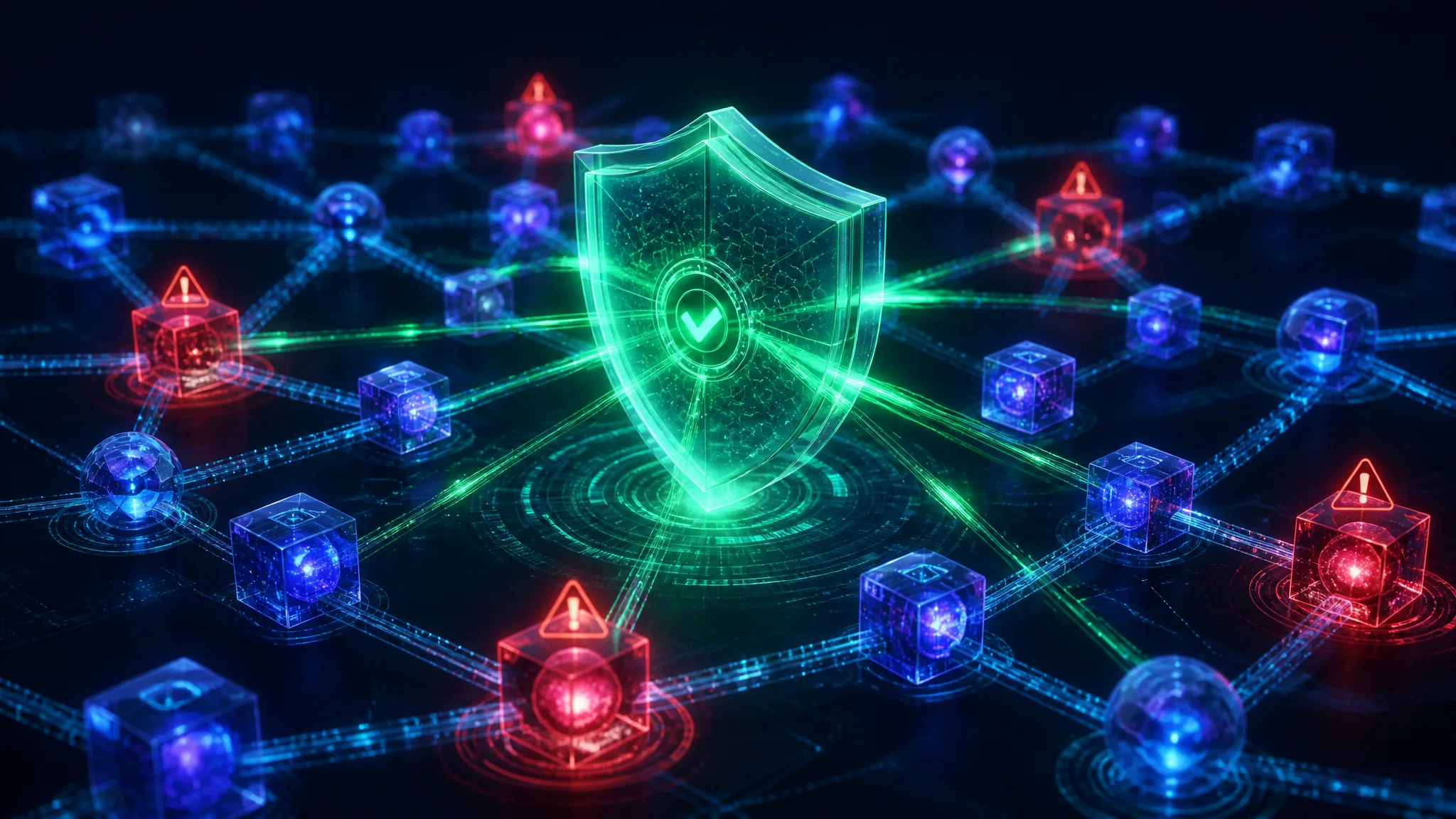 Seguridad de la cadena de suministro de software mostrada como un grafo de red de dependencias interconectadas con vulnerabilidades marcadas y un escudo que verifica hashes de integridad