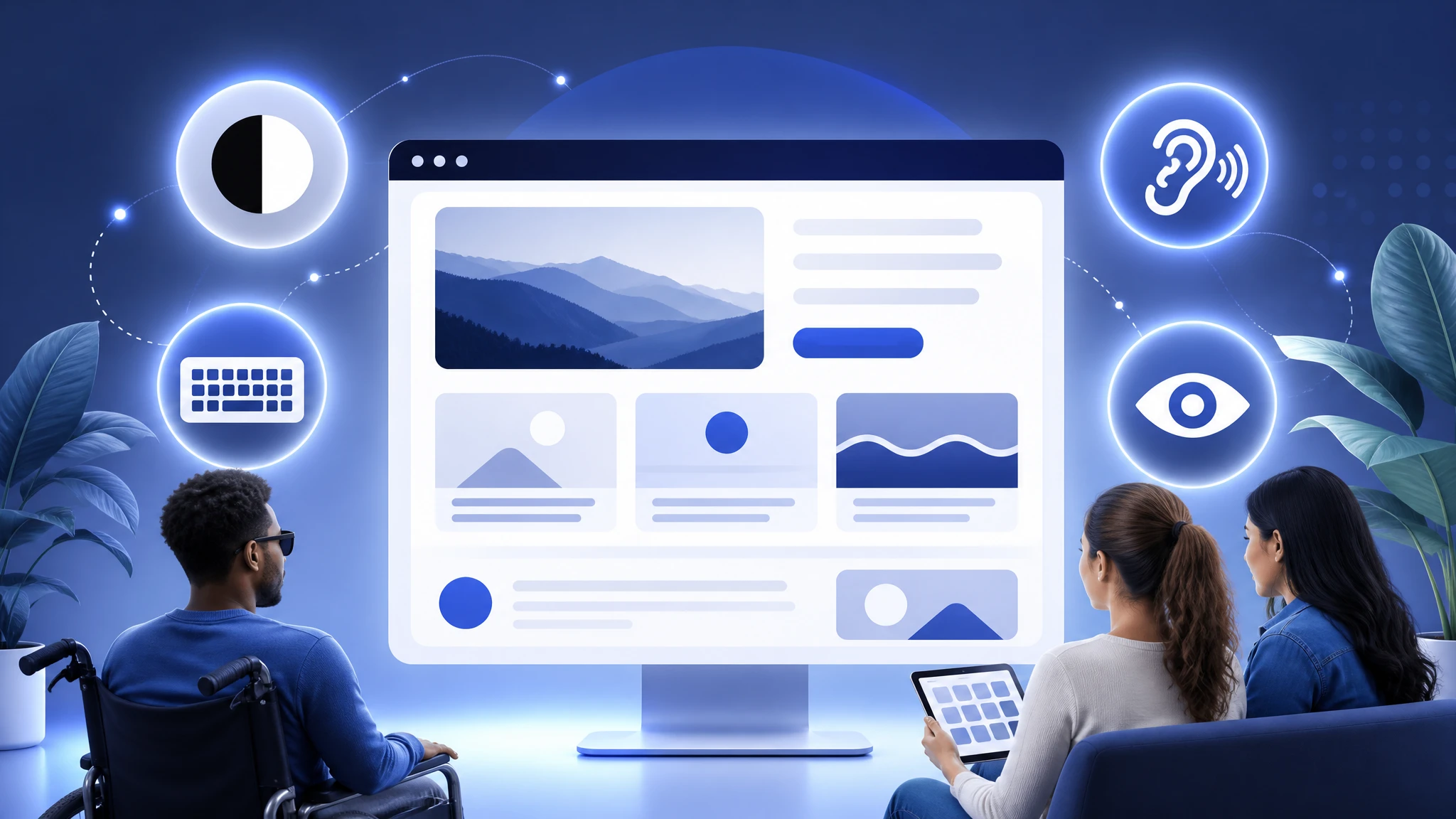 WCAG web accessibility compliance concept showing inclusive web design with contrast, keyboard and screen-reader accessibility icons