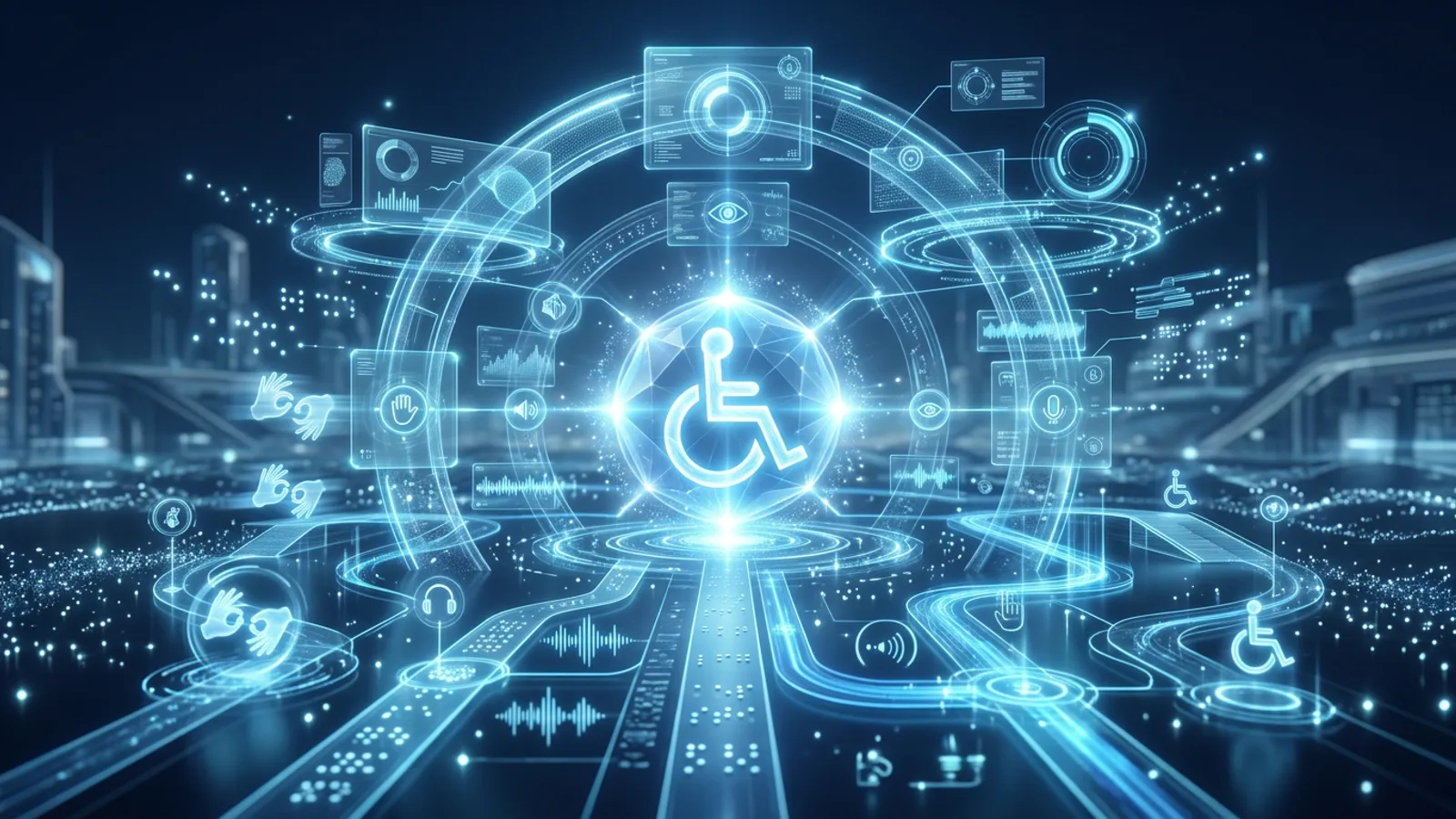 Banner futurista de accesibilidad web WCAG — símbolo de accesibilidad brillante con tecnología de asistencia inclusiva