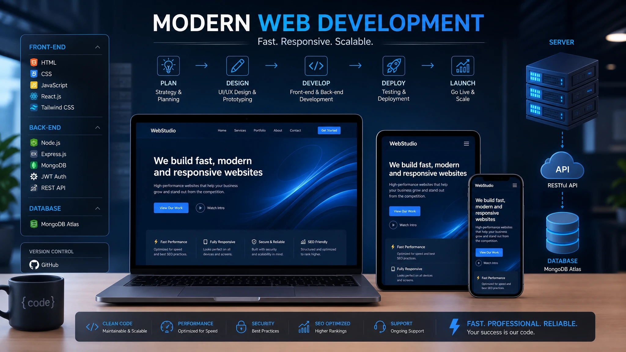Modern web development workflow with responsive design across devices, front-end and back-end code powering a fast professional website
