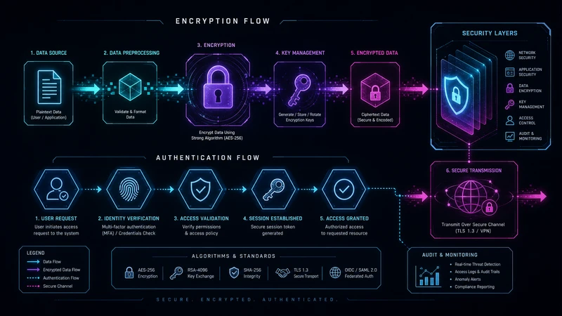 Diagrama de encriptación y autenticación mostrando handshake TLS y flujo de autenticación multifactor