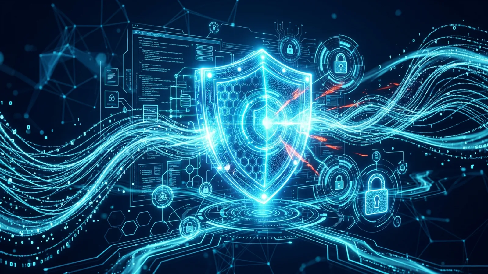 Banner futurista de seguridad web — escudo digital brillante protegiendo una aplicación web con datos cifrados