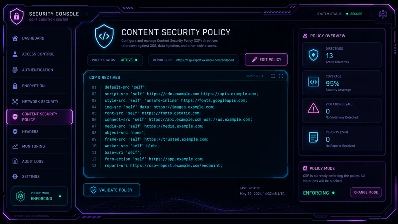 Configuración de encabezados de seguridad mostrando directivas CSP y configuración HSTS