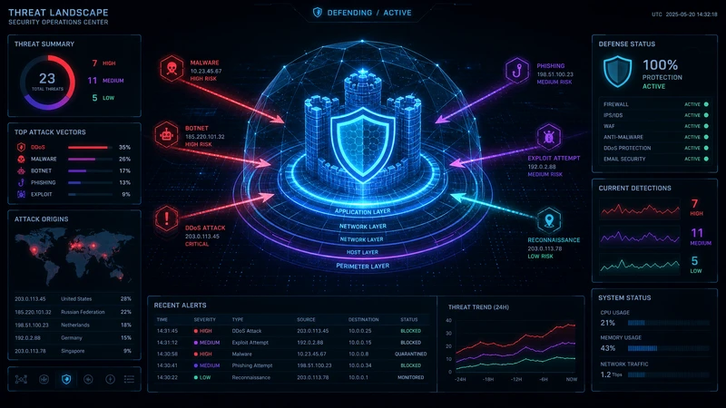 Panorama de amenazas de seguridad web mostrando vectores de ataque comunes y estrategias de protección