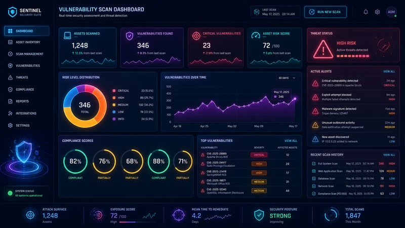 Panel de escaneo de vulnerabilidades mostrando detección de amenazas en tiempo real y cumplimiento OWASP