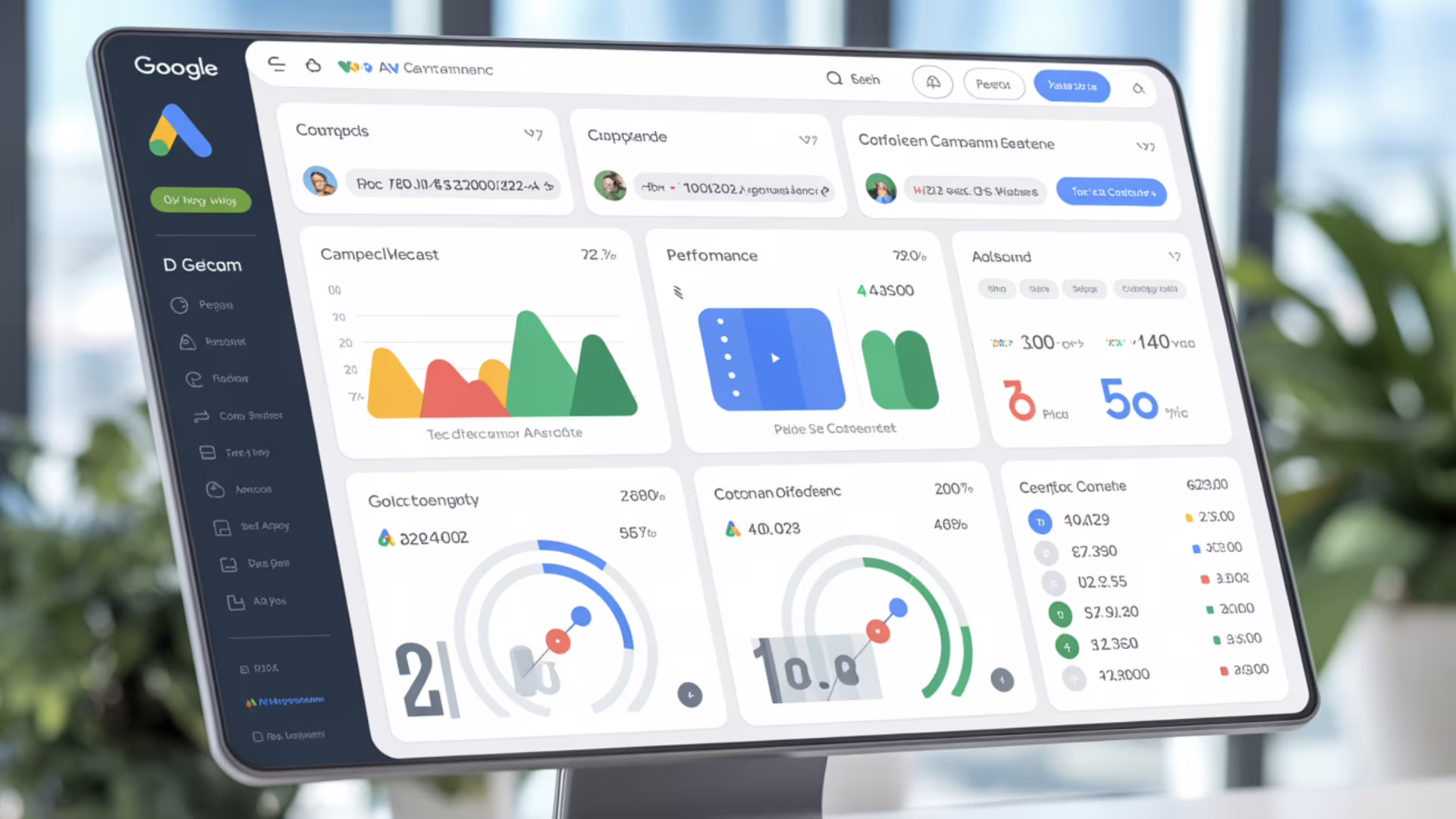 Google Ads campaign management dashboard showing keyword performance, quality scores, ad group structure, and bidding strategies for professional PPC management