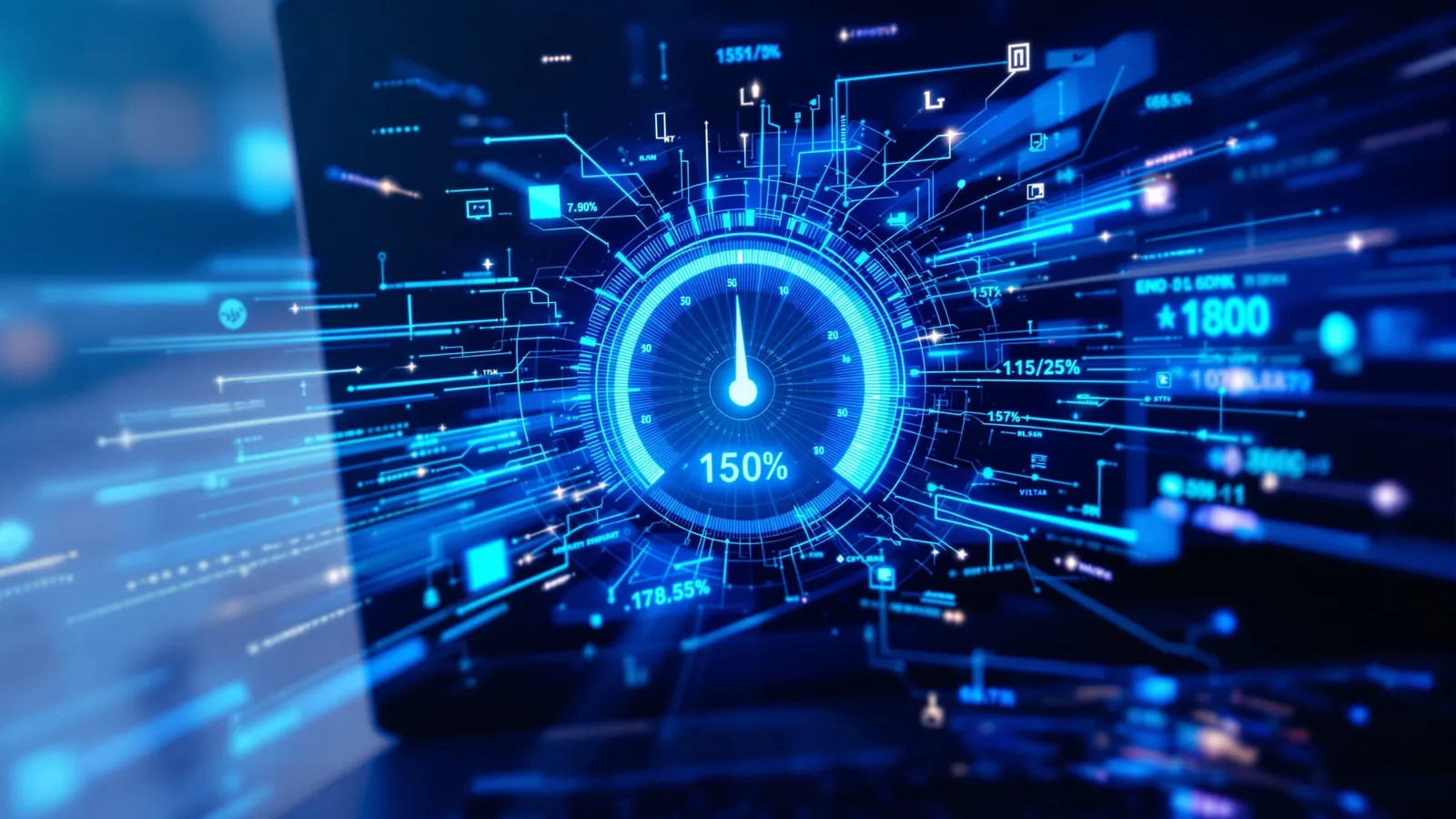 Abstract speedometer graphic over a laptop screen representing Google PageSpeed Insights optimization and Core Web Vitals performance tuning